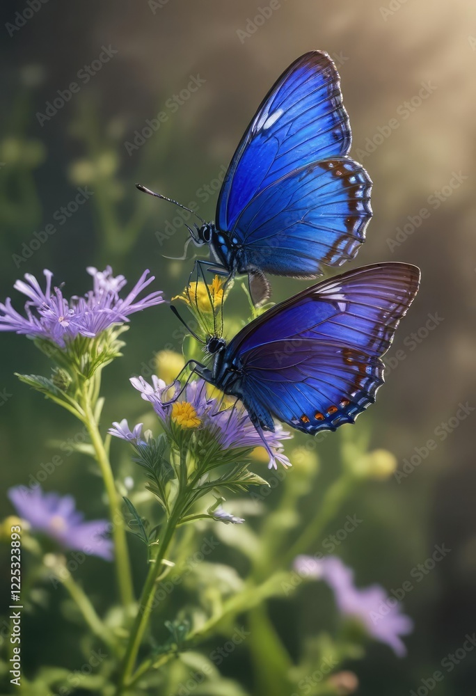 Cobalt blue butterfly perched on a wildflower , colorful blooms, flower petals Cobalt blue butterfly perched on a wildflower , colorful blooms, flower petals