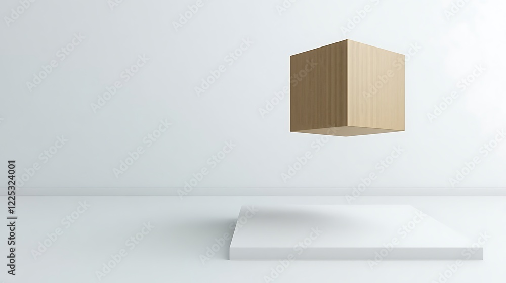 Floating Beige Cube on White Platform Floating Beige Cube on White Platform