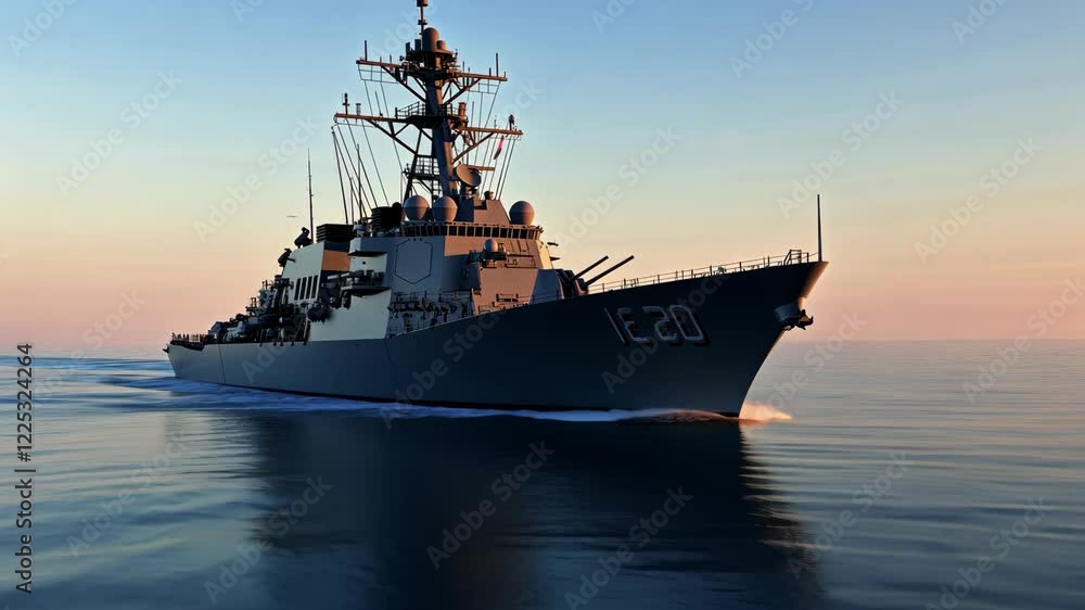 Navy destroyer navigating calm waters at sunset near coastal horizon Navy destroyer navigating calm waters at sunset near coastal horizon