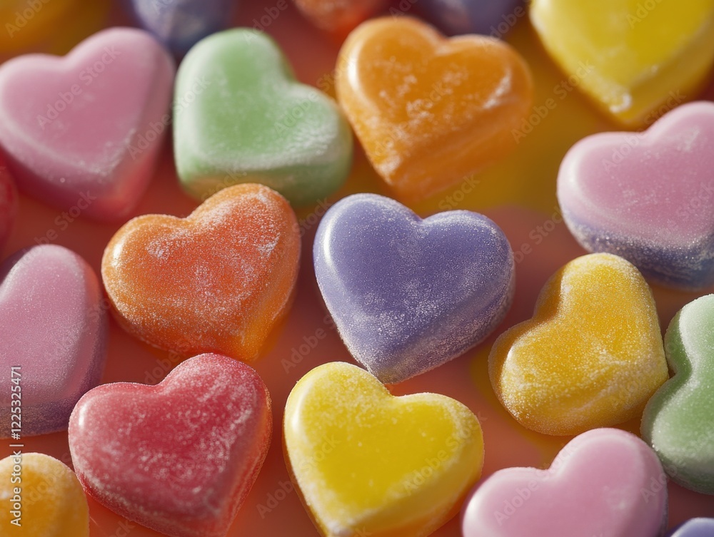 Colorful heart-shaped candies scattered on a bright surface create a festive atmosphere perfect for celebrations and special occasions Colorful heart-shaped candies scattered on a bright surface create a festive atmosphere perfect for celebrations and special occasions