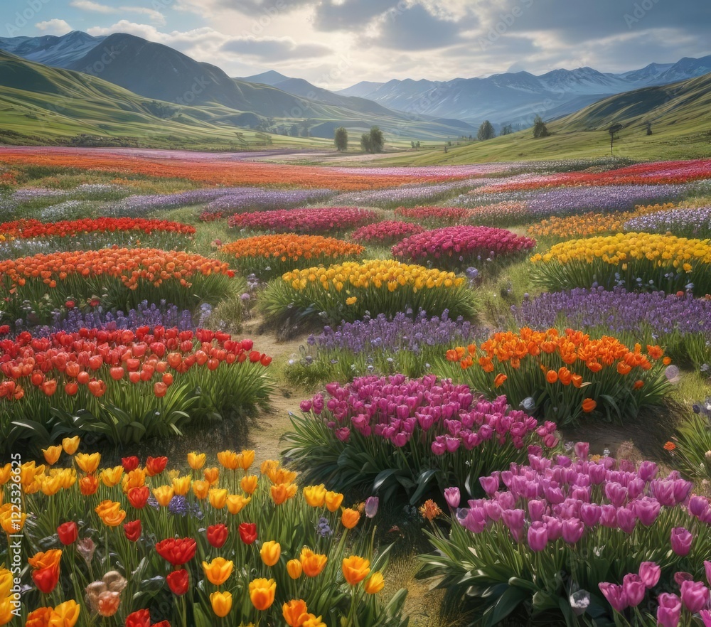Colorful tulips and crocuses blanket the rolling hills of a flower-filled meadow , tulips, landscape, flowers Colorful tulips and crocuses blanket the rolling hills of a flower-filled meadow , tulips, landscape, flowers