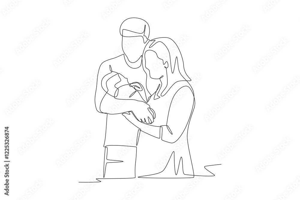 A family with a newborn baby concept one-line drawing A family with a newborn baby concept one-line drawing