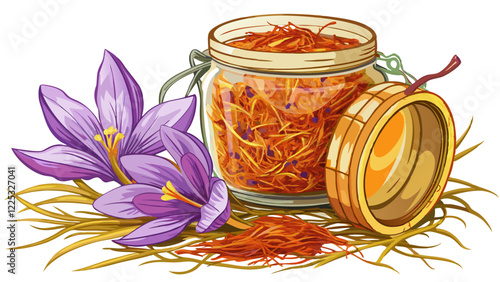 Overturned jar of dried saffron threads and crocus flower isolated on white background