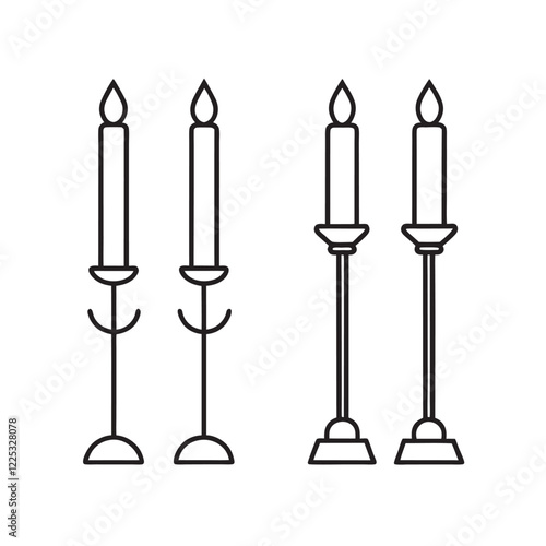 Set of candlestick line art vector icon illustration, candle, candle light on white background.
