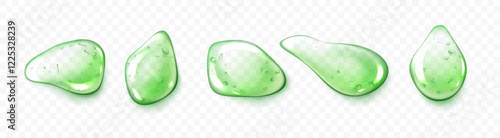 Hyaluronic acid green drops. Collagen clear, cosmetic serum isolated babbles. Vector realistic