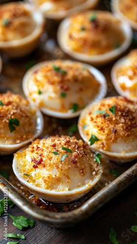 Baked clams with bread crumb topping and parsley garnish on a metal baking sheet close up photo