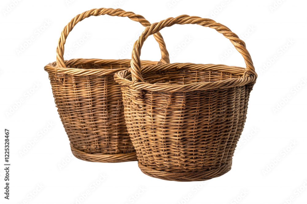 Two woven baskets ideal for storage and decorative use, isolated on transparent or white background Two woven baskets ideal for storage and decorative use, isolated on transparent or white background