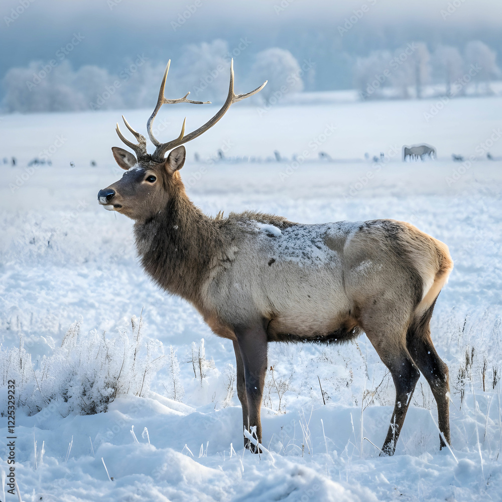 endearing wapiti deer in a snowy field endearing wapiti deer in a snowy field
