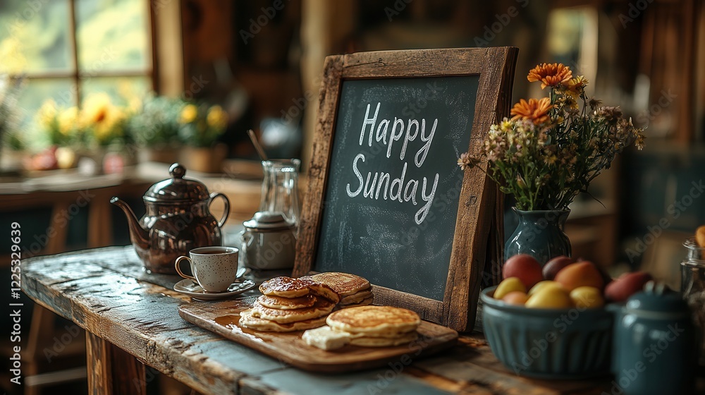 Rustic Breakfast Setup with Pancake, Fruit, and Happy Sunday Chalkboard