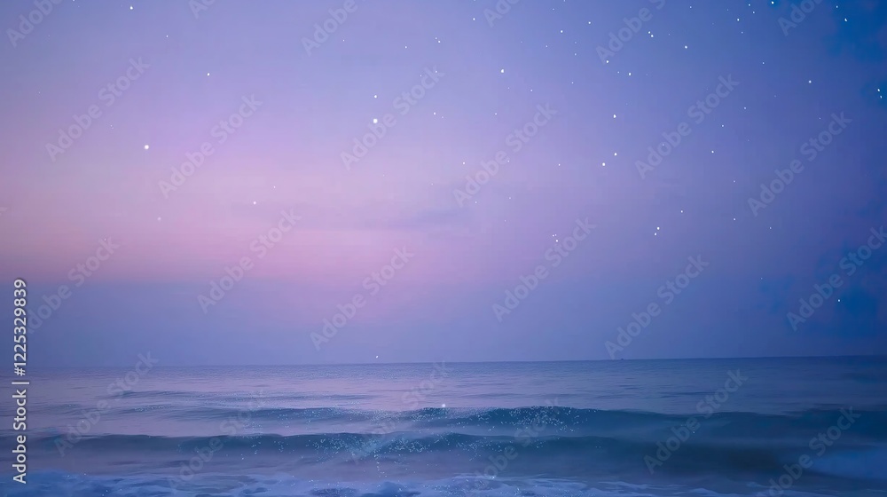 Obraz premium Starry Ocean at Twilight: Gentle waves under a purple-pink gradient sky adorned with subtle stars.