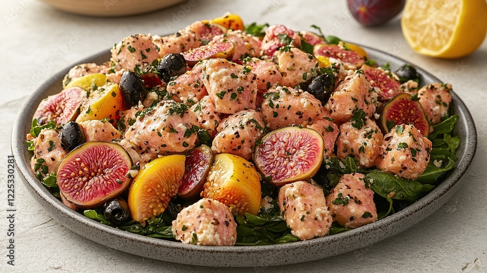 Fototapeta premium Salmon, fig, olive salad; healthy recipe; kitchen setting