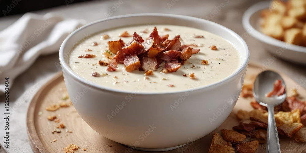 Creamy clam chowder in a white ceramic bowl with crispy bacon bits on top, warm bowl, creamy soup, clam chowder Creamy clam chowder in a white ceramic bowl with crispy bacon bits on top, warm bowl, creamy soup, clam chowder
