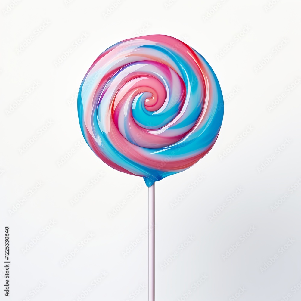 This is an appealing image of a single pink and blue lollipop isolated on a crisp white background. The lollipop features a round shape and a delightful spiral pattern that adds visual interest. This is an appealing image of a single pink and blue lollipop isolated on a crisp white background. The lollipop features a round shape and a delightful spiral pattern that adds visual interest.