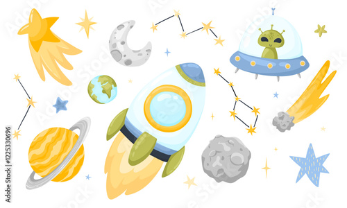 Vector set on the theme of space. Cartoon sci-fi space set. Vector illustration of space. Set of color clipart, UFO, rocket, stars and planets, comet and meteorite on a white background