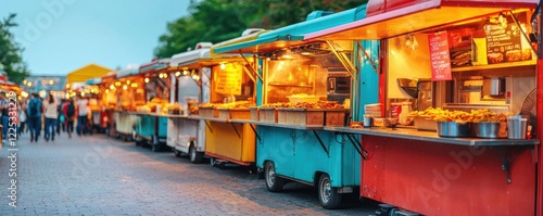 Vibrant food trucks at a lively outdoor night market event.