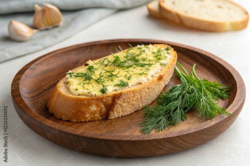 Crunchy bread slice on a wooden plate topped with a pat of golden garlic butter and a sprinkle of fresh dill weed, fresh dill, wooden plate, garlic butter, snack, crispy bread Crunchy bread slice on a wooden plate topped with a pat of golden garlic butter and a sprinkle of fresh dill weed, fresh dill, wooden plate, garlic butter, snack, crispy bread