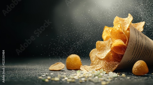 Cheesecovered chips, fresh onion touch, moody lighting, 3D illustration photo