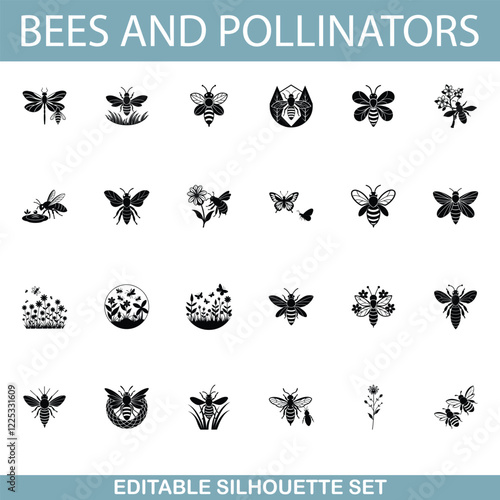 Editable Bee and Pollinator Silhouettes Icons, Nature, Insects