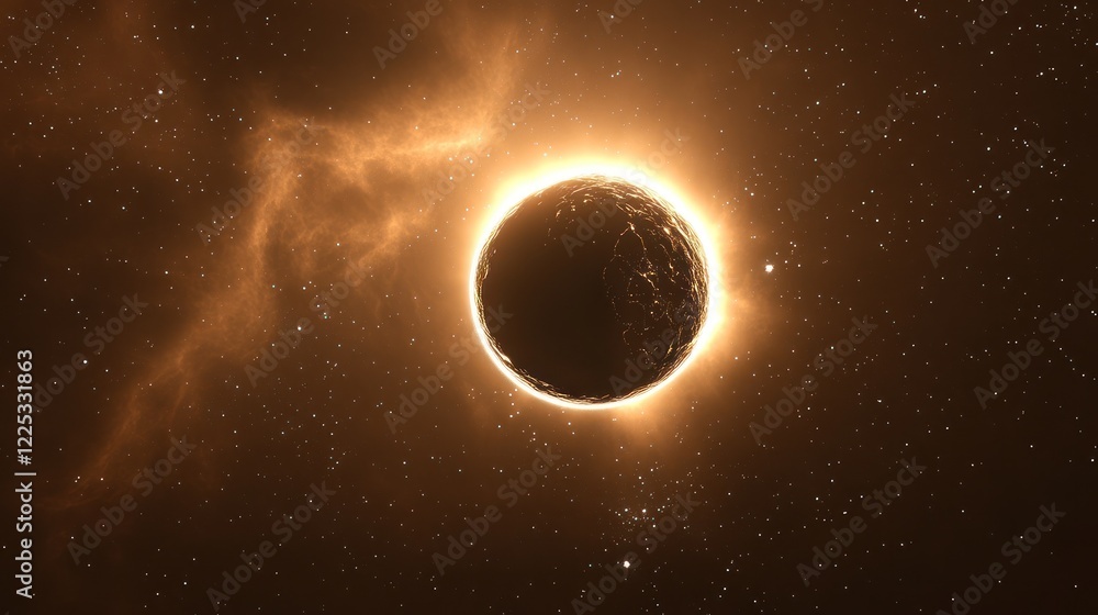Fototapeta premium Golden Celestial Orb: A Cosmic Ballet of Light and Dark