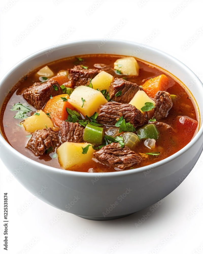 Hearty beef stew with potatoes carrots and green pepper in white bowl on white background Hearty beef stew with potatoes carrots and green pepper in white bowl on white background