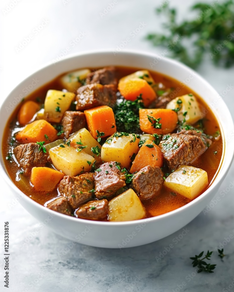 Hearty beef stew with potatoes and carrots in a white bowl on a marble surface Hearty beef stew with potatoes and carrots in a white bowl on a marble surface