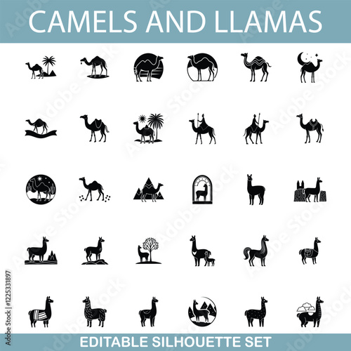 Camel and Llama Silhouette Icons Desert, Andes, Editable Set
