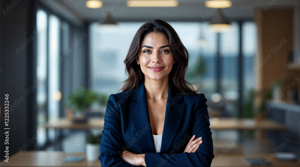 portrait of a businesswoman in a navy suit office background portrait of a businesswoman in a navy suit office background