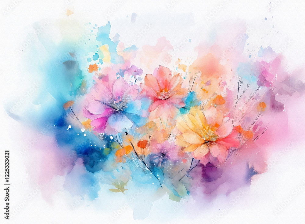 Obraz premium A vibrant watercolor painting showcasing a bouquet of flowers in soft pastel hues. The blossoms are rendered with delicate brushstrokes, set against a dreamy, abstract background of color splashes.