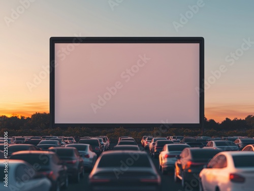 Outdoor movie night at a drive-in cinema with empty screen.