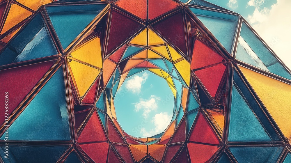 Fototapeta premium Geometric Artwork Featuring Vibrant Colorful Triangles and Sky Opening