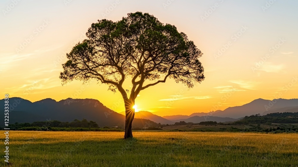 Majestic Lone Tree Against Vibrant Sunset Over Mountain Landscape Majestic Lone Tree Against Vibrant Sunset Over Mountain Landscape