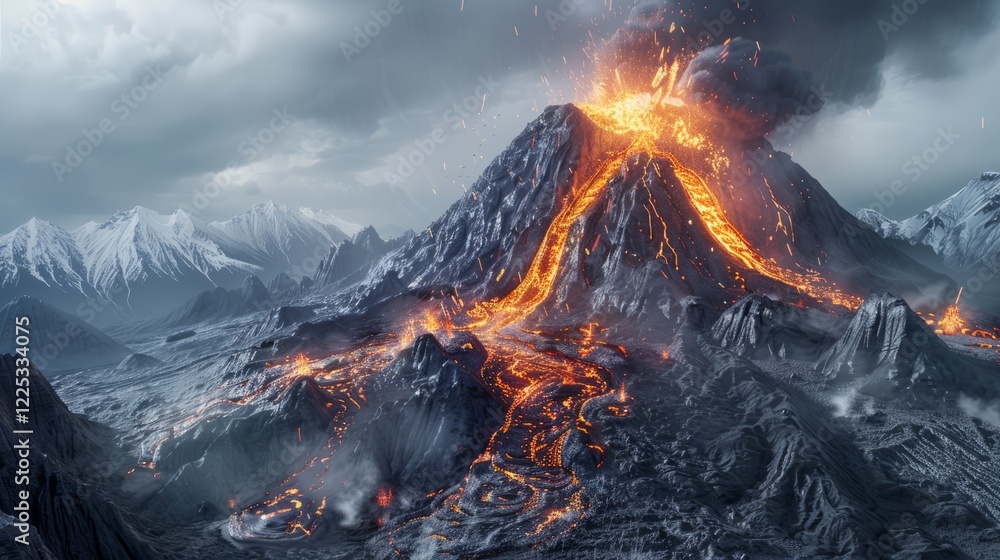 Massive volcano erupting with molten lava, ash, and smoke filling the sky at sunset Massive volcano erupting with molten lava, ash, and smoke filling the sky at sunset
