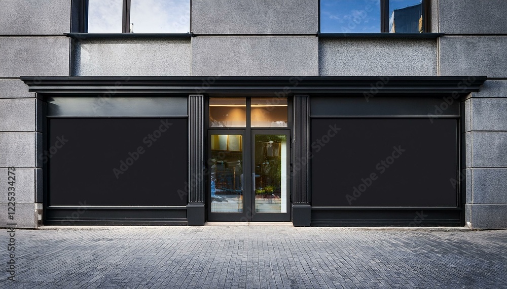 Outdoor mock up, store template, front view black shop facade with windows display. Generated image Outdoor mock up, store template, front view black shop facade with windows display. Generated image