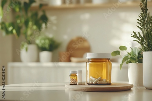 Clear glass jars containing dietary supplements on wooden tray in bright wellness environment with plants