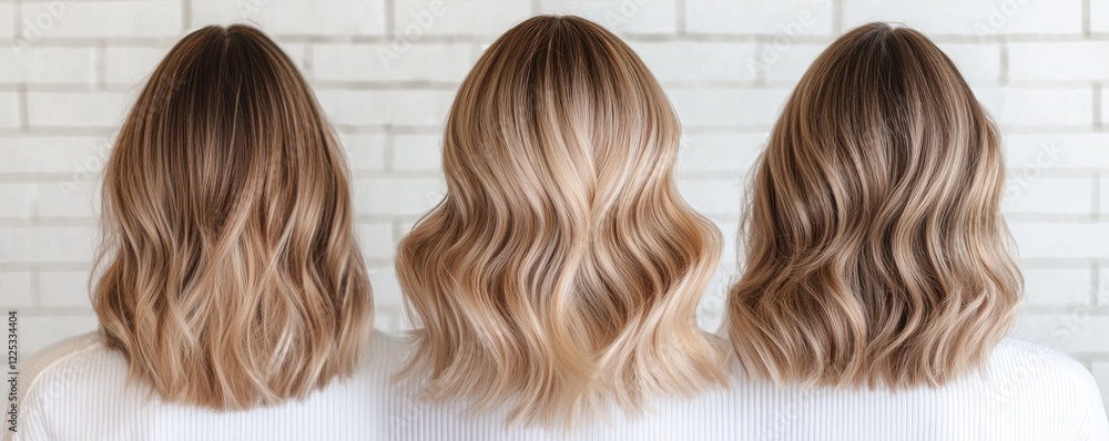 Fototapeta premium Three stylish hairstyles showcasing beautiful wavy blond hair.