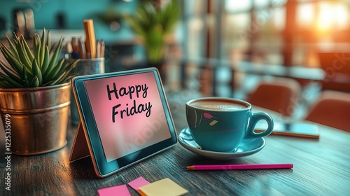Happy Friday Coffee And Tablet On Stylish Office Desk