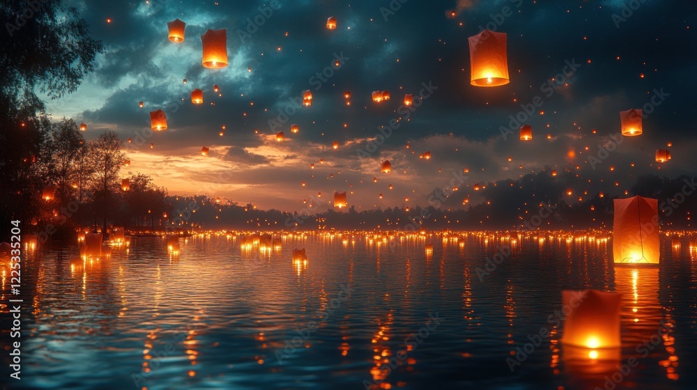 Hundreds Of Glowing Lanterns Float Across A Serene Lake At Sunset, Creating A Magical And Peaceful Atmosphere. Hundreds Of Glowing Lanterns Float Across A Serene Lake At Sunset, Creating A Magical And Peaceful Atmosphere.