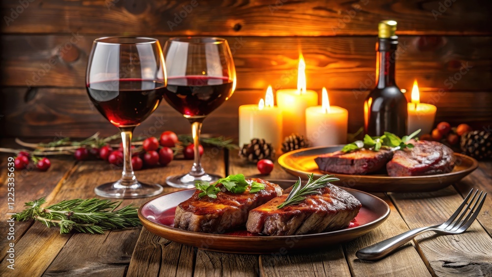 Elegant dinner for two with grilled steaks and red wine Elegant dinner for two with grilled steaks and red wine