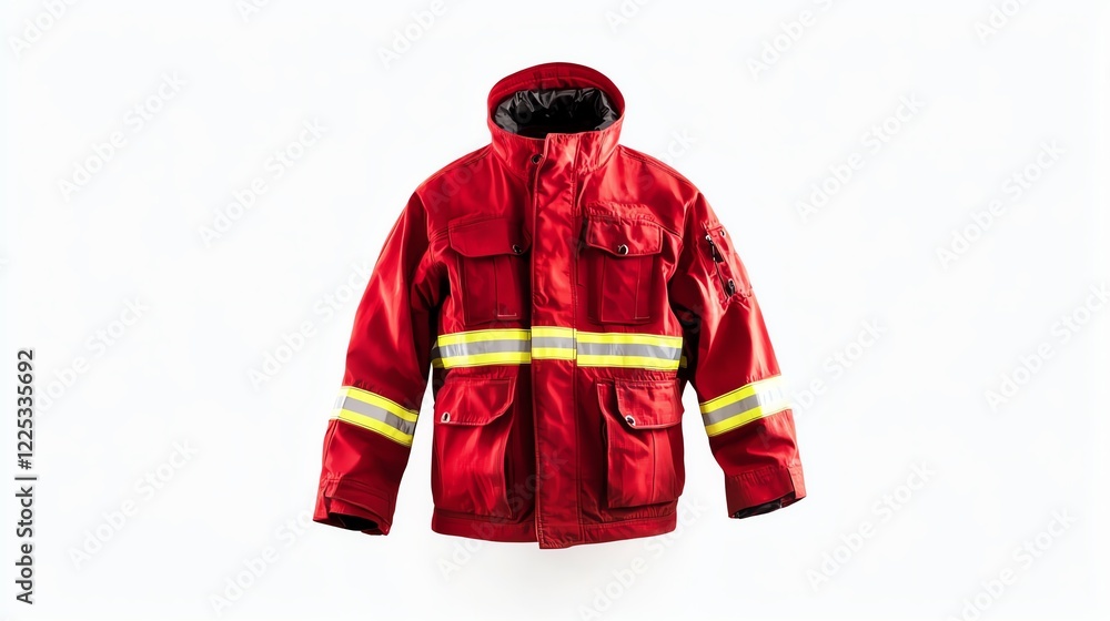 Obraz premium Bright red fireman jacket with reflective stripes, designed for safety and visibility during emergency response situations, on a white isolated background.