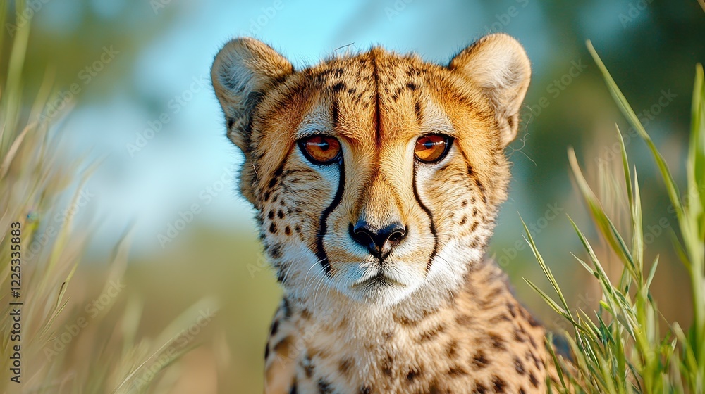 Obraz premium Majestic Cheetah Portrait Surrounded by Lush Green Grasslands