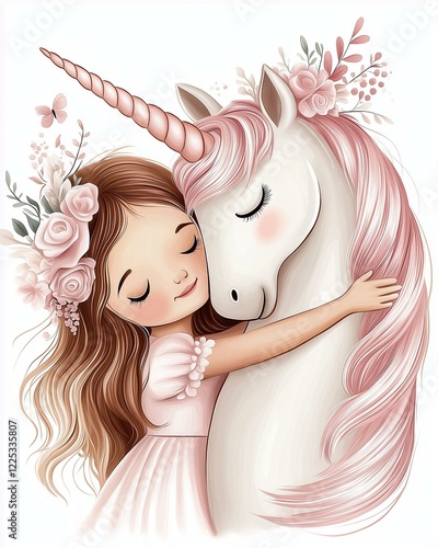 A whimsical girl hugs a magical unicorn adorned with flowers, radiating joy and friendship. photo