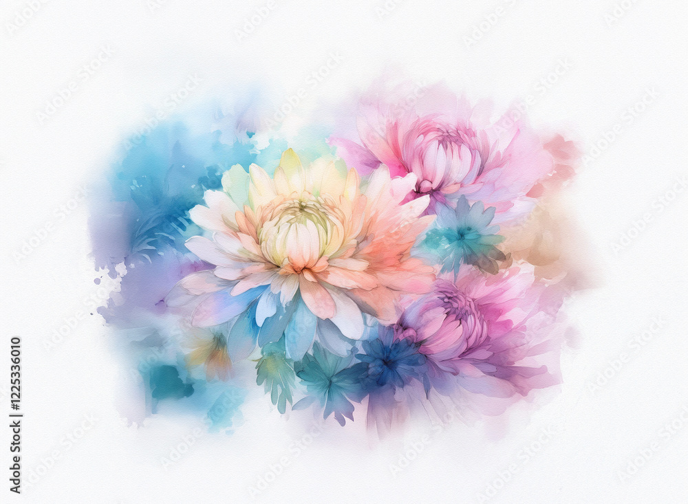 Obraz premium Soft watercolor painting of pastel chrysanthemums in a loose, impressionistic style. The blooms are rendered in pale pinks, blues, and yellows, creating a dreamy, ethereal effect.
