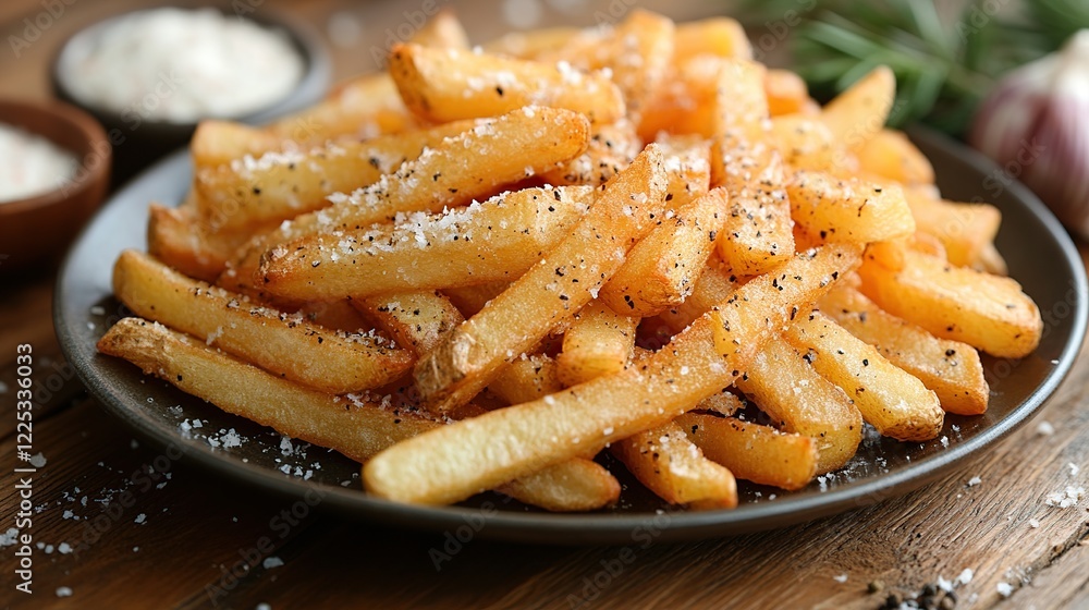 Seasoned fries, dips, herbs on rustic wood. Food photography for menus Seasoned fries, dips, herbs on rustic wood. Food photography for menus
