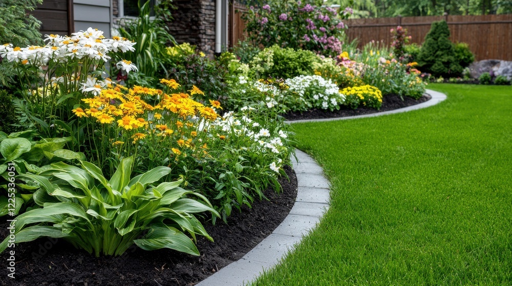 Naklejka premium Beautifully Landscaped Backyard with Vibrant Flowers and Lush Greenery in Peaceful Country Setting