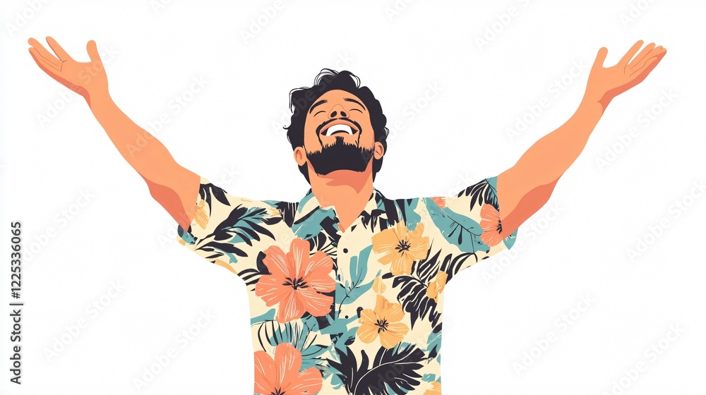Smiling Man in Stylish Floral Shirt Posing in Center with Wide Angle Composition Smiling Man in Stylish Floral Shirt Posing in Center with Wide Angle Composition