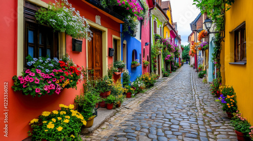 A vibrant cobblestone street in a European old town, featuring colorful facades and blooming flower boxes in warm afternoon light.