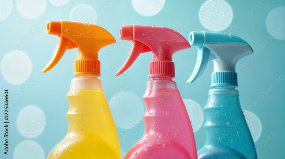 Cleaning spray bottles with colorful liquids on light blue background with bubbles, ready for cleaning and disinfection
