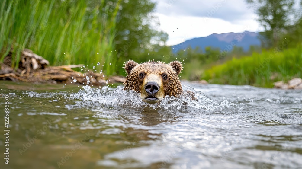 Grizzly Bear Swimming Through Clear Mountain Stream in Summer Grizzly Bear Swimming Through Clear Mountain Stream in Summer
