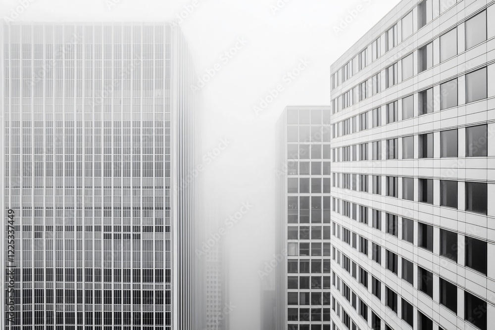 Foggy cityscape featuring modern skyscrapers partially obscured by mist with a serene atmosphere Foggy cityscape featuring modern skyscrapers partially obscured by mist with a serene atmosphere