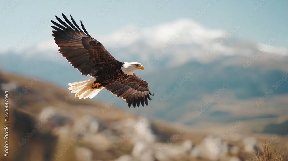 Obraz premium A bald eagle soaring high above a mountain range sharp eyes with detailed feathers and a powerful beak